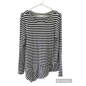 CAbi Womens #256 Navy Striped Asymmetrical Hem Top‎ Size Medium